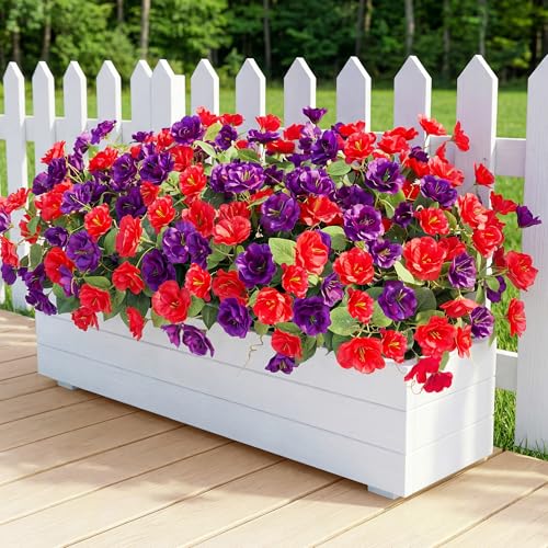 Artificial Flowers for Outdoors, 6 Bundles Silk Fake Hibiscus Flowers for Spring Summer Decoration, UV Resistant Fake Plants Plastic Bouquet for Home Planter Porch Patio Yard Decor(Red Purple) - color: Red,purple