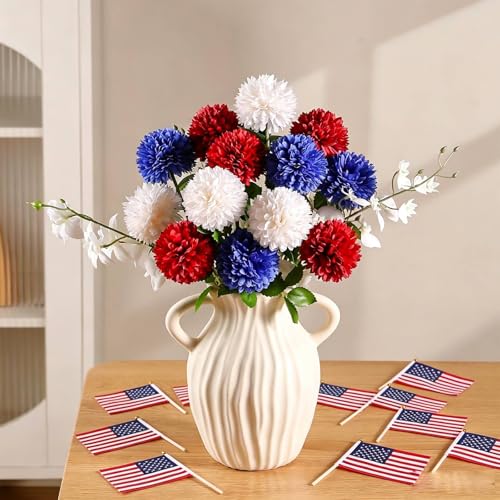 Floweroyal 12pcs 4th of July Flowers 250th Anniversary Artificial Chrysanthemum Ball Silk Hydrangea Flowers for Independence Day, Memorial Day, Floral Arrangement Decor (Red, Blue, White) - color: Red Blue White-12pcs