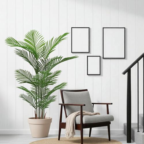 6ft Artificial Palm Tree in Weighted Pot - UV Resistant Tall Fake Plants for Outside Patio, Large Fake Plant Indoor Outdoor, Triple Trunk Faux Palm (Set of 2) (6 FT x 2)