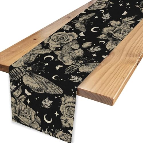 Vintage Gothic Floral Table Runner, Retro Luxury Dark Skull Moth Day of Death Witchy Boho Coffee Table Center Decor for Home Kitchen Dining Patio Holiday Party Table Decorations 13x36 inches - color: Tr-witchy04, size: 13x36" Table Runner