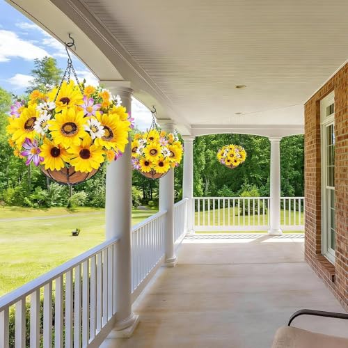 2 Set Sunflowers Artificial Flowers Fake Hanging Basket Flowers UV Resistant Fake Sunflowers Hanging Baskets for Outdoor Outside Patio Garden Porch Spring Summer Decor