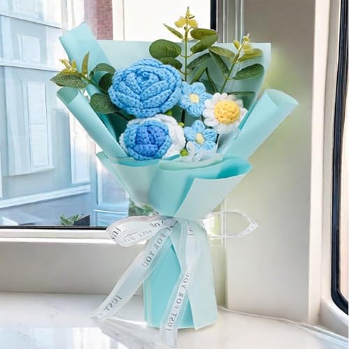Crochet Flowers Rose Artificial Flower, Handmade Crochet Flowers Bouquet,Crochet Knitted Flowers Gifts for Mom Lover Friend Home Decor,for Girlfriend Mothers Day Birthday Home Decor (Blue) - color: Blue