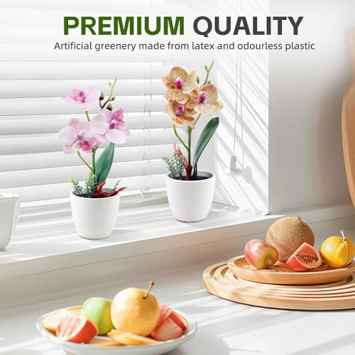 2Pcs Artificial Orchid Fake Flowers Faux Phalaenopsis Ceramic Vase Small Potted Plant for Home Office Desk Bathroom Wedding Decor(Pink & Brown) - color: Pink & Brown