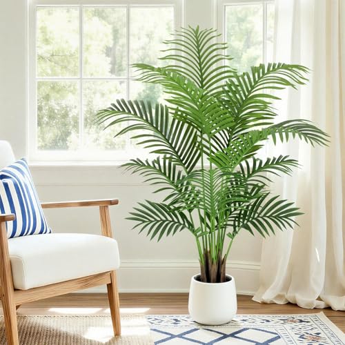4ft Artificial Palm Tree Tall Faux Palm Tree Indoor Large Fake Plants with 12 Trunks Artificial Plants with White Pot Lifelike Leaves for Home Office Decor Living Rooms Bedrooms - color: Palm Tree 4ft