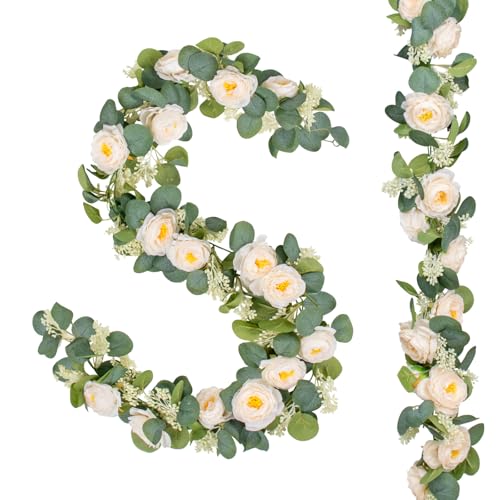 Uguisu 2Pcs Artificial Garland with Roses, 5.9ft Greenery Eucalyptus Garland for Wedding, Party, Mantel, Table, Indoor and Outdoor Decoration. Champagne - color: Champagne