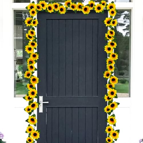 Uieke 3 Pack 7.5ft/Pcs Artificial Sunflower Garland Hanging Sunflower Vines with Green Leaves,Silk Flowers for Home Room Kitchen Garden Wedding Arch Bridal Baby Shower Party Outdoor Decor Medium - size: Medium