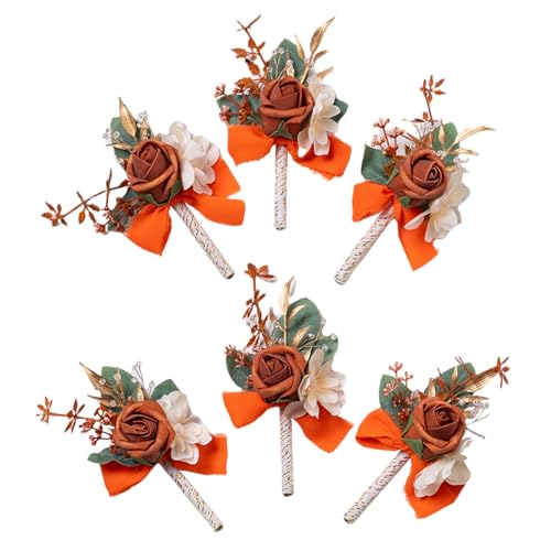 Burnt Orange Terracotta Faux Foam Rose Boutonnieres for Men 6Pcs | Artificial Foam Rose Boutonnieres for Wedding Prom Groom Groomsmen Party Suit Decoration Homecoming Graduation - color: Orange Boutonniere