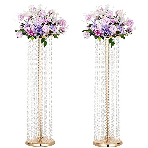 Set of 2 Luxurious Crystal Flower Stand Wedding Centerpieces on Floor Tall Metal Flower Arrangement Stand Tabletop Flower Vase for Wedding Party Hotel Home Decor… - color: Gold, size: 35.4"×2pcs