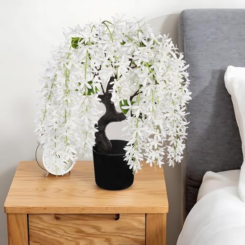 Artificial Flowers 18.5" Tall with Silk Wisteria White Flower Arrangement and Realistic Wood Fake Bonsai Tree Plants Faux Plants for Spring Home Bedroom Office Bathroom Coffee Table Centerpiece Decor - color: White-18.5