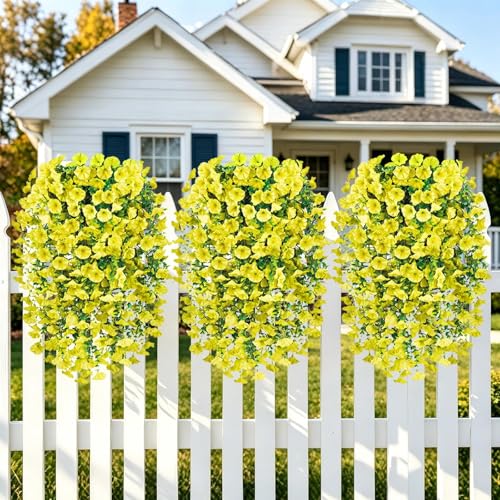 Artificial Hanging Flowers for Outdoors, 6 PCS Silk Morning Glory Artificial Flowers with Eucalyptus Leaves, UV Resistant Fake Flower Realistic Faux Plants for Home Patio Porch Garden Decor, Yellow - color: Yellow