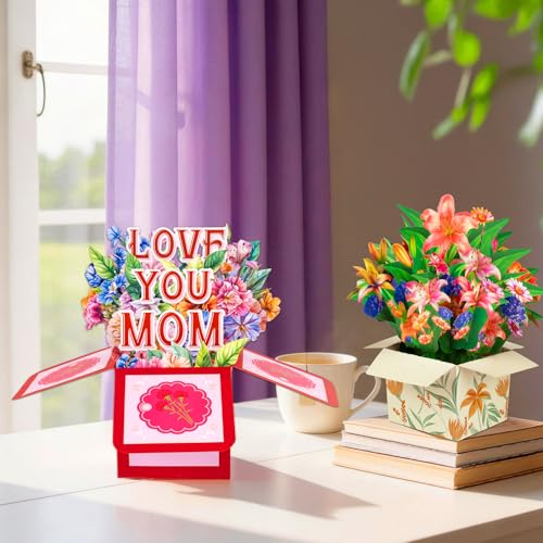 Pop Up Flower Cards That Last Forever – 3D Mothers Day Card Set 3 Pack with Love You Mom Tulip Lily Paper Bouquet – Birthday Thank You Anniversary Cards for Mom Wife Grandma – Envelopes Included - style: Love You Mom Tulip Lily