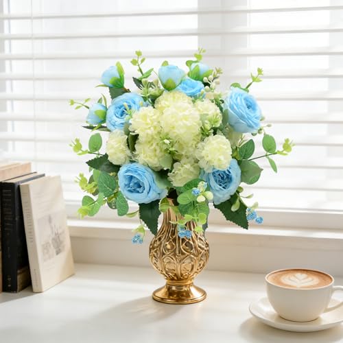 Artificial Flowers Bouquet, Blue Silk Peonies Chrysanthemum Mixed Bouquet with Eucalyptus, Artificial Roses Bouquet for Wedding Centerpieces Bridal Bouquet Mohter's Day Valentine's Day Home Decor - color: Blue