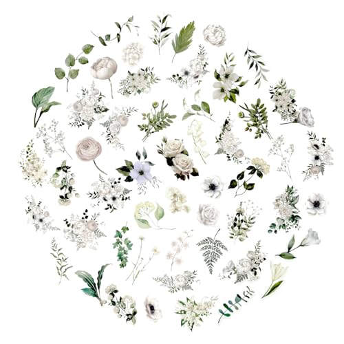100 Pcs Daisy Camellia Stickers, White Flower Stickers for Scrapbooking Junk Journal Notebook Diary Planner Letter Envelope Water Bottle Phone Case Craft Decoration, 50 Patterns - color: White