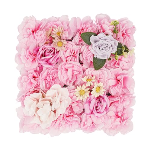 12Pcs Artificial Flower Wall Panel 3D Floral Backdrop Walls 15" X 15" Flower Wall Decor Flower Backdrop Faux Rose Panel for Party Home Background-Champagne, Purple - color: Pink