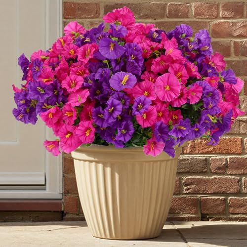 CEWOR Artificial Flowers for Outdoor Indoor, Fake Silk Morning Glory with Eucalyptus Leaves, Faux Flower for Garden Front Door Porch Planter Patio Home Decor (24 Bundles, Purple Fuchsia) - color: Purple Morning Glory