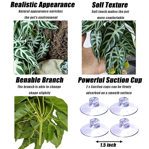 Woyrise 2 Pack Reptile Plants, Terrarium Hanging Plant Vines, Artificial Leaves with Suction Cup, Bearded Dragon Tank Accessories for Gecko Lizard Snake Frog Tortoise Decorations - Alocasia Velvet - color: Alocasia Velvet