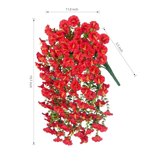 Artificial Faux Hanging Flowers Plants for Outdoor Decor,2 PCS Fake Silk Morning Glory with Eucalyptus Greenery UV Resistant Realistic Vines for Wall Home Porch Patio Balcony Yard Indoor Decor, Red - color: Red