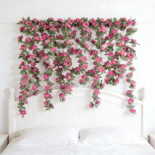 Artificial Flower Garland 90.5 Inch/230CM - Fake Roses Vines Floral Vines, Silk Faux Plastic Hanging Floral Garland for Wedding Arch, Bedroom, Home Wall, Backdrop, Outdoor & Indoor Decor (Dark Pink) - color: Dark Pink