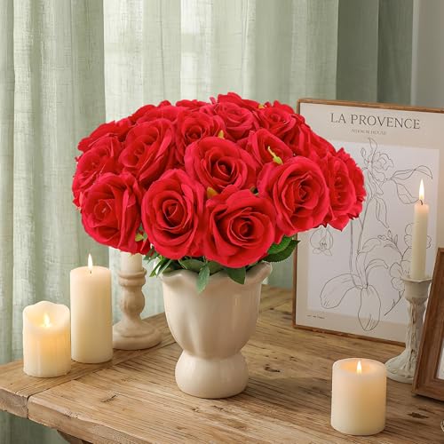 32 Pcs Red Artificial Flowers Roses Fake, Silk Flowers with Stems for DIY Wedding Gothic Bridal Shower Centerpieces Arrangements Tables Decorations - color: Red