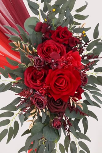 Deluxe Wedding Arch Flowers with Drapes Kit Pack of 4, 2pcs Burgundy & Red Hanging Silk Flowers Arrangement 2pcs Chiffon Drapes for Ceremony Arbor Party Outdoor Decor - color: Burgundy & Red