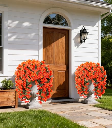Bougainvillea Artificial Hanging Flowers Plants for Outdoors Fall Autumn Decor, 2pcs Fake Flowers Silk Bougainvillea Vines Realistic UV Resistant Faux Flowers for Outdoor Planters Porch Patio Gardens - color: Orange