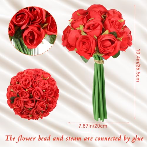 Hoteam 72 Heads Artificial Red Rose Flowers 6 Bouquet Wedding Decoration Faux Flower Arrangement Bouquet with Stem Bridal Shower Gift Floral Centerpiece for Tables - color: Red