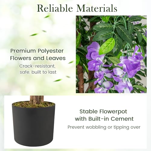 Goplus 5.5FT Ficus Artificial Tree, 2 Pack Faux Wisteria Tree in Nursery Pot with Blooming Flowers, Fake Potted Tree Greenery Floor Plant for Indoor Home Office Porch Living Room Decor - color: Purple, size: 5.5ft×2