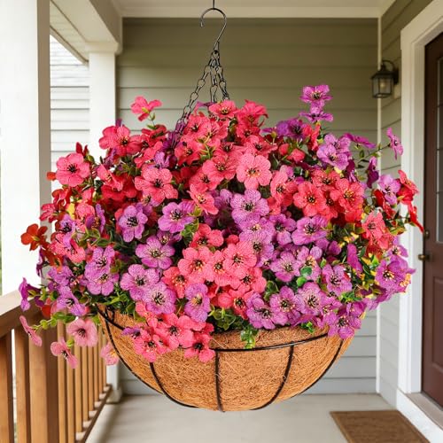 Artificial Outdoors Flowers with Hanging Basket, UV Resistant Fake Hanging Flowers for Spring Summer Decoration, Faux Silk Plants with Planters for Porch Home Patio Balcony Yard (Rose Red, Purple) - color: Purple&rosered, size: 1PCS