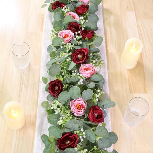 TOCHGREEN 2 Pack 13Ft Artificial Eucalyptus Flower Garland with Red Pink Roses, Fake Rose Flower Greenery Garland Floral Vines for Wedding Home Party Table Runner Decor (Red Pink, 2PCS) - color: Red Pink, size: 2PCS