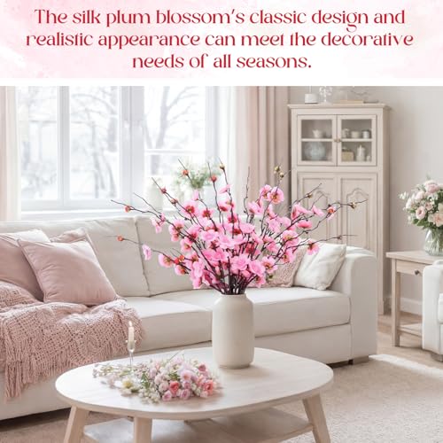 Suncalla 20 Pcs Artificial Cherry Blossom Flowers Pink Faux Cherry Blossom Stems Silk Simulation Plum Bouquet Branches 23.2'' Fake Flowers Long Stems for Vase Arrangements Home Wedding Table Decor - color: Pink, size: Classic