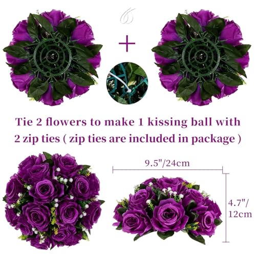 BLOSMON Flower Balls Wedding Rose Centerpieces 10 Pcs Purple Fake Flowers with Base Kissing Balls Decor Artificial Floral Arrangements Flower Bouquet of Roses Home Party Table DIY Decorations - color: Purple