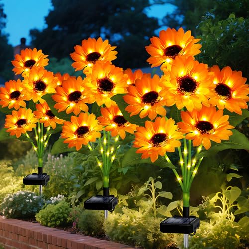Solar Sunflower Lights Outdoor Garden Decor, Solar Flowers Lights with 18 Sunflowers, Waterproof Fall Decor Stake Decorative Light Auto ON/Off for Garden Yard Patio Backyard, Gift for Women (3 Pack) - color: Warm White, size: 6 in 1 Sunflower-3 Pack
