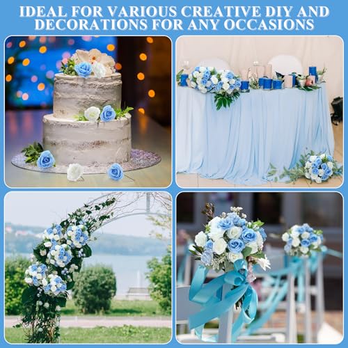 Zeyune 16 Bunches 12 Inch Artificial Mini Rose Bouquet 160 Heads Bridal Flower Bouquets Fake Silk Rose Bulk for Valentine's Day Wedding Bridal Shower Home Office Garden(White and Blue) - color: White and Blue