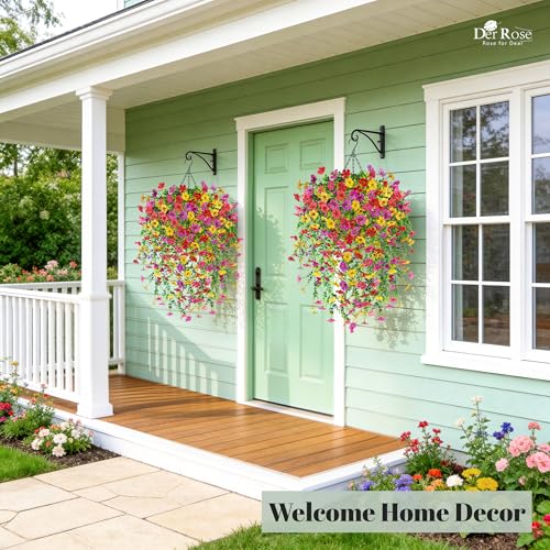 Der Rose 2Pcs Artificial Hanging Flower Basket for Outdoors Fake Hanging Flowers Plants with 4 Faux Silk Trailing Vines for Porch Patio Balcony Spring Decor - color: Multi-color-d