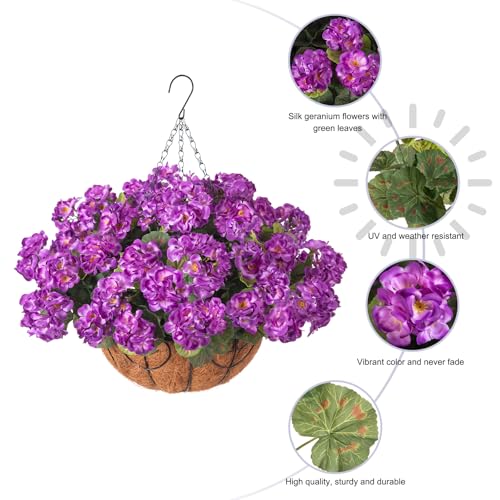 INSPRING Geraniums Artificial Flowers Hanging Basket for Outdoors Outside Spring Decoration, 8 Bundles Silk Flowers Fake Plants Look Real UV Resistant for Porch Home Patio Balcony Yard, Purple - color: Purple