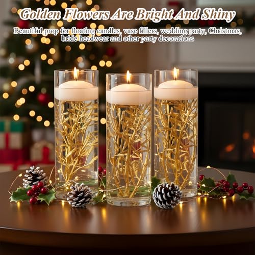 50 Pcs Faux Flowers for Floating Candles Floating Flowers for Centerpiece Vase Mini Flower Filler Filling in Cylinder for Wedding Dinning Table Party Home Bar Restaurant Decoration, 6 Inch (Gold)