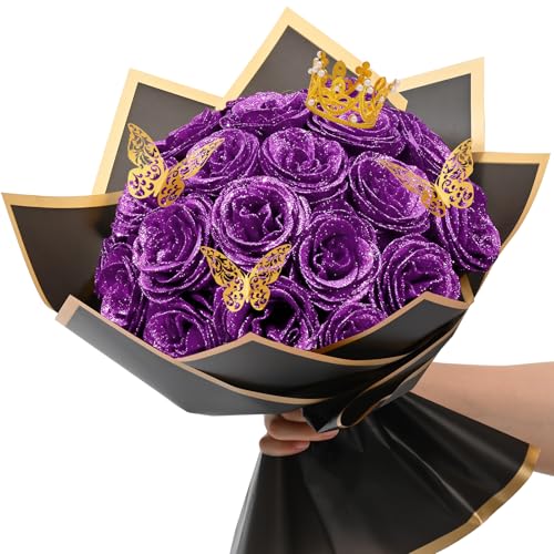 Waipfaru Purple Glitter Roses Bouquet, DIY Flowers Bouquet, Birthday Gifts for Women Mom Grandma Wife Girlfriend, 24 Pcs Fake Rose for Valentines, Mothers Day, Anniversary, Graduation Gifts - color: Purple, size: 24pcs
