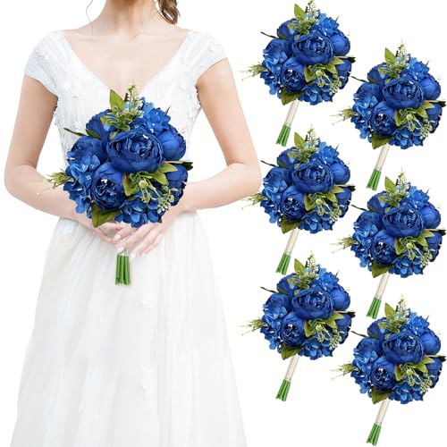 Royal Blue Bridesmaid Bouquets for Wedding, Set of 6 Artificial Silk Peonies Flowers Bouquet for Marriage Decorations - color: Royal Blue, size: Set of 6 Bouquets