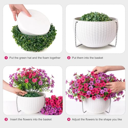 HyeFlora Artificial Fake Hanging Flowers Plants Basket for Outdoor Outside Decoration, Faux Silk UV Resistant Realistic Colorful Daisy in Planter for Porch Patio Garden Yard Home - color: Purplehotpink