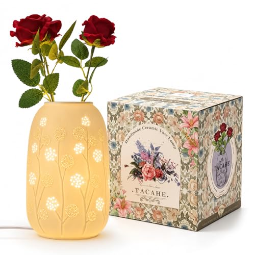 TACAHE Ceramic Vase Table Lamp, 2700K Bulb & 3 Artificial Flowers Included, E12 Socket, Inline Switch, Handmade Openwork Craft, Ambient Light for Living Room Bedroom - Dandelion 9" - style: Dandelion