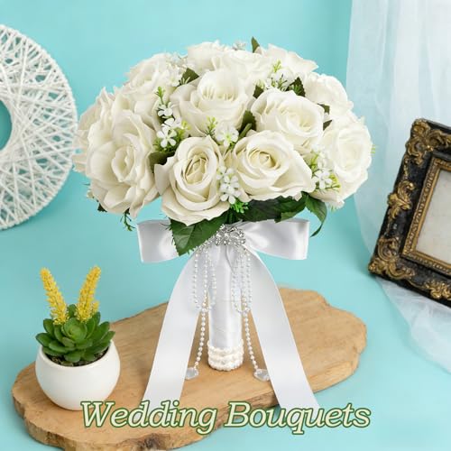 Wowagoga 12 Inch Wedding Bouquet with Pearl Crystals Ribbons,Artificial Rose Flower for Bride Bridesmaids Artificial Fake Flowers Fake Flowers Toss Bouquet for Wedding Party Church(White)