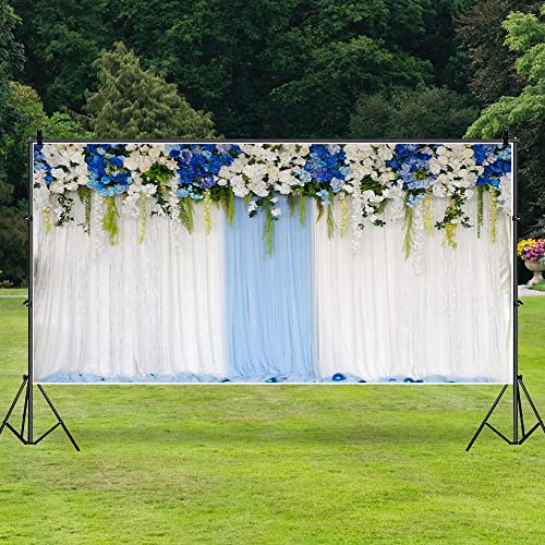 AOFOTO 15x8ft Blue White Flowers Curtain Wedding Backdrop Romantic Floral Wall Drapes Bride Groom Ladies Girls Photoshoot Background for Wedding Reception Ceremoney Birthday Cake Table Decor Banner - size: 15x8ft