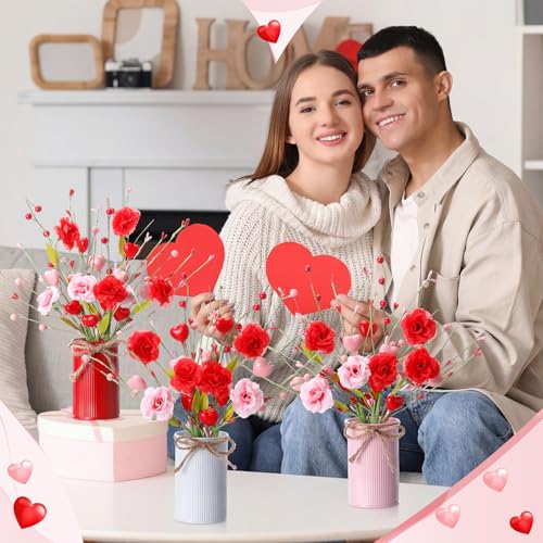 Zeyune 3 Sets Rose Berry Table Centerpiece, 6 Artificial Rose Berry Stems Picks with Metal Vase Pot, Fake Flower Arrangement for Wedding Reception, Anniversary Dinner, Mantel & Entryway Decor - color: 3 Colors, size: Rose