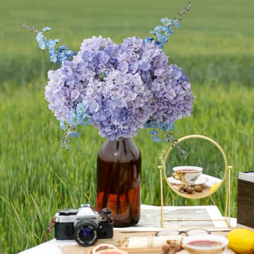ZYTUYO 3PCS Purple Hydrangea Artificial Flowers 25.6" Large Fake Hydrangeas Flowers with Stems Faux Silk Bouquet for Indoor Home Decor Table Wedding Party Floral Outdoor Centerpieces - color: Light Purple