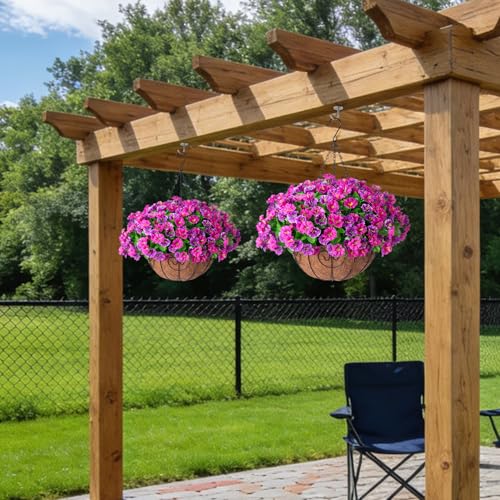 Ammyoo Artificial Hanging Flowers with Basket, Faux Silk Petunias Flower Arrangement, Coconut Lining with Morning Glories Fake Plants Patio Garden Porch Deck Spring Summer Decor(Lotus and Fuchsia) - color: Lotus and Fuchsia
