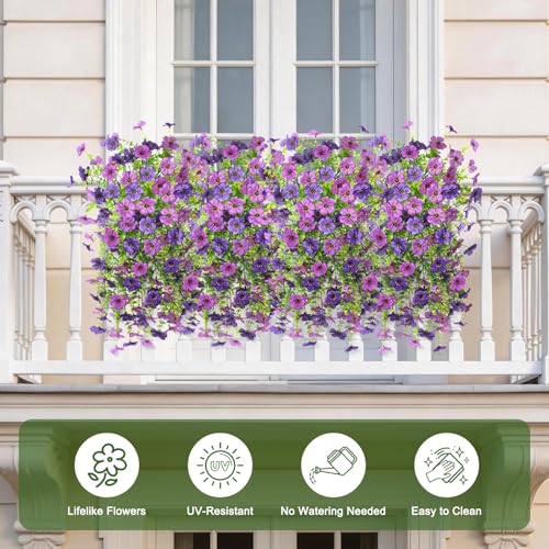 Artificial Fake Flowers Plants for Outdoor Spring Summer Decoration, 2 PCS Faux Silk Daisy Flowers No Fade UV Resistant Realistic for Outside Home Planter Porch Patio Balcony Yard Decor (Purple) - color: Double Purple