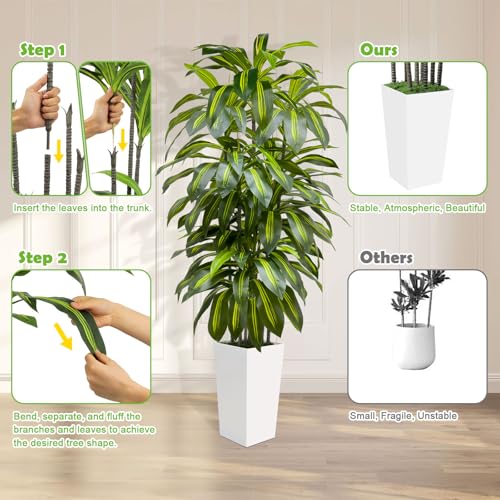 6FT Fake Tall Plant Artificial Dracaena Tree Indoor Faux Plants Indoor Luxury Fake Plants for Living Room Decor Artificial Tree Floor Plant White Planter - color: White, size: 6ft