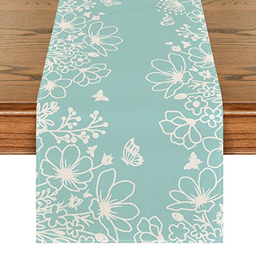 Artoid Mode Blue Bloom Flowers Butterfly Spring Table Runner, Seasonal Holiday Kitchen Dining Table Decoration for Home Party Indoor 13x72 Inch - color: Blue, size: 13" x 72", Table Runner