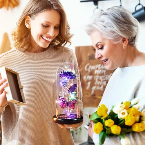 Mothers Day Birthday Gift for Mom from Daughter Son Purple Rose Eternal Flower Light Up Rose in Glass Dome with Butterfly, Mother's Flowers Gifts for Mom Women Wife Grandma Delivery Prime - color: Purple a