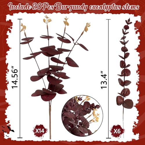 Yen Jean 20PCS Dark Wine Red Halloween Eucalyptus Stems Artificial Fake Flowers Bulk Decorations, Burgundy Branches for Indoor Table Centerpieces Party Supplies - style: Dark Red Wine